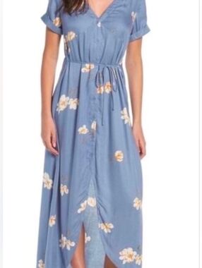 NWT Volcom XS Blue Floral Button-Front Maxi Dress with Waist Tie